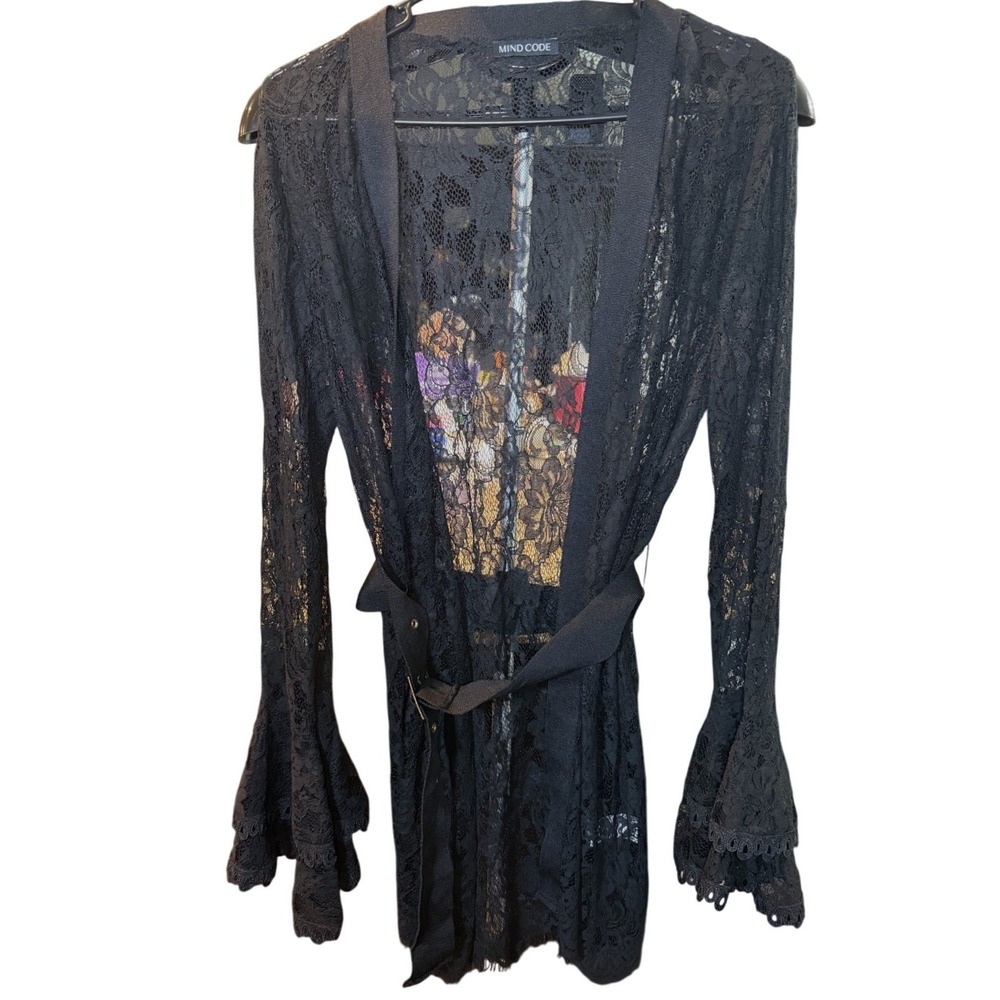 Mind Code Black Floral Lace Bell Sleeve Belted Cardigan Wrap Top Large 10342